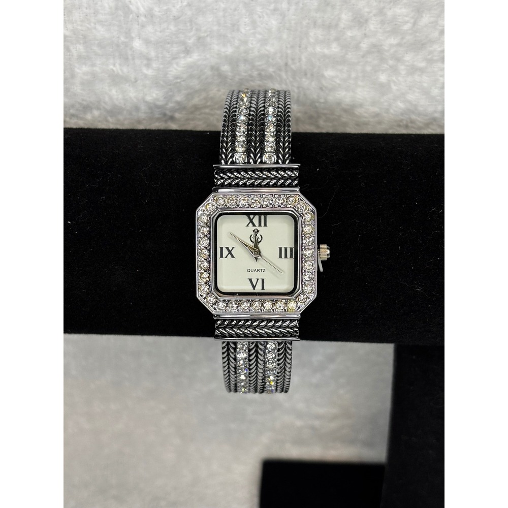 Silver Tone Rhinestone Cuff Watch Square Face Roman Numerals Japan Movt E-11